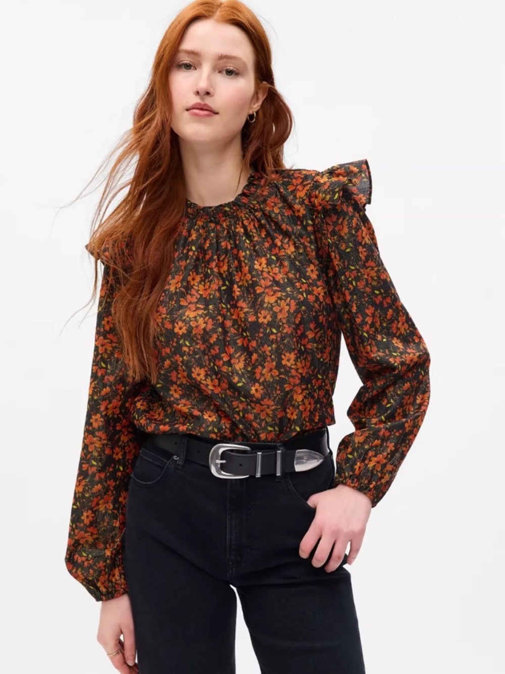 Gap Floral Long Sleeve Ruffle Top Black Orange Size Small Boho Feminine Preppy